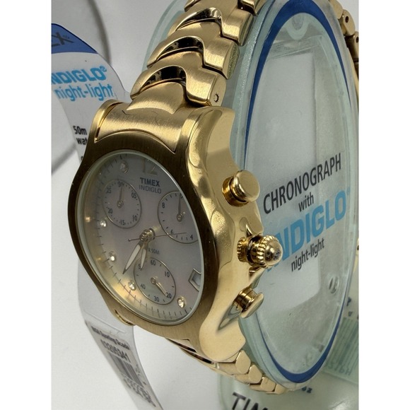 NEW TIMEX 20523 GOLD TONE LADIES WATCH CHRONOGRAPH SWAROVSKI CRYSTALS MOP - Picture 5 of 12